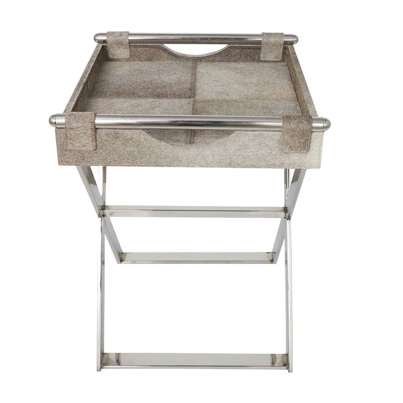 Gray Leather Tray Table Accent Table with Silver Legs and Handles