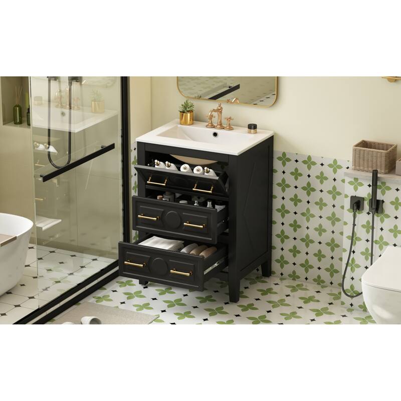 Roomfitters 24 Inch Bathroom Vanity with Ceramic Sink Combo, Free Standing Solid Wood Frame Cabinet with 3 Sliding Tiers
