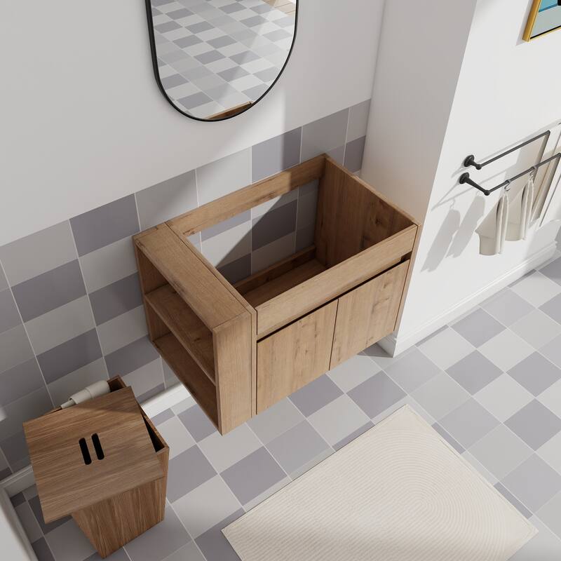 Compact Wall-Mounted Bathroom Vanity with Adjustable Open Shelf, 45° Inclined Handle Design - 29.13in L Plywood