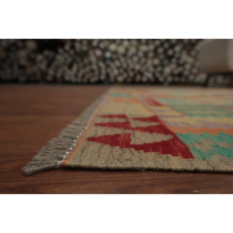 Hand Woven Oriental 100% Wool Carpet Southwestern Tribal Beige & Ivories Kilim Area Rug - 9' 7'' X 6' 9''