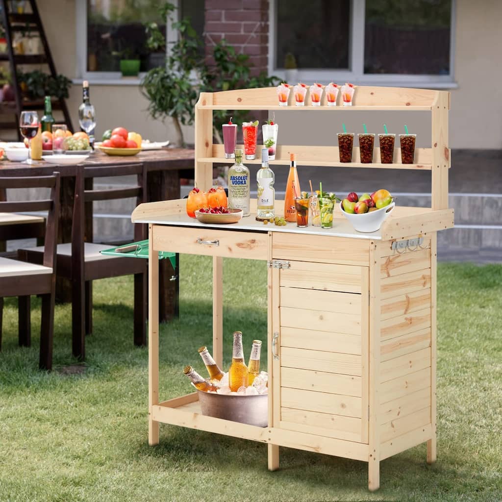 EROMMY Outdoor Potting Bench, Work Station Table w/ 2-Tier Upper Shelves and Metal Tabletop