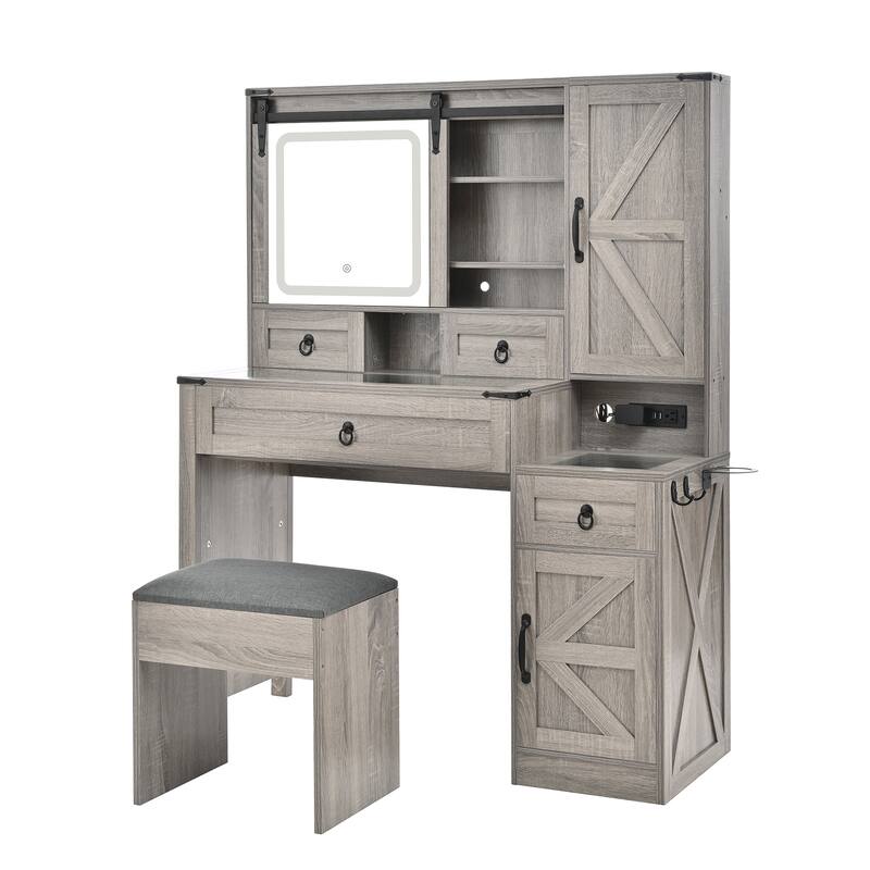 Farmhouse Vanity Desk with Sliding Mirror, Lights & Glass Top, 4 Drawers & 2 Cabinets with Stool