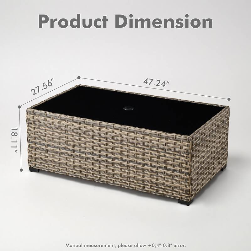 HOOOWOOO Wicker Rattan Patio Rectangle Coffee Table with Umbrella Hole