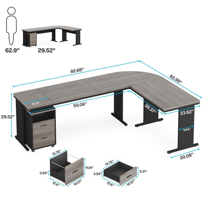 83" L-Shaped Executive Desk, Large L Office Desk with 3-Drawer Mobile File Cabinet, Business Furniture Desk Workstation