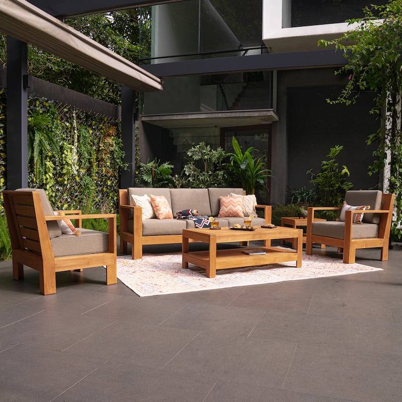 Cambridge Casual Logan 5-Piece Teak Patio Conversation Set with Sunbrella Cushion - Sunbrella Cast Shale