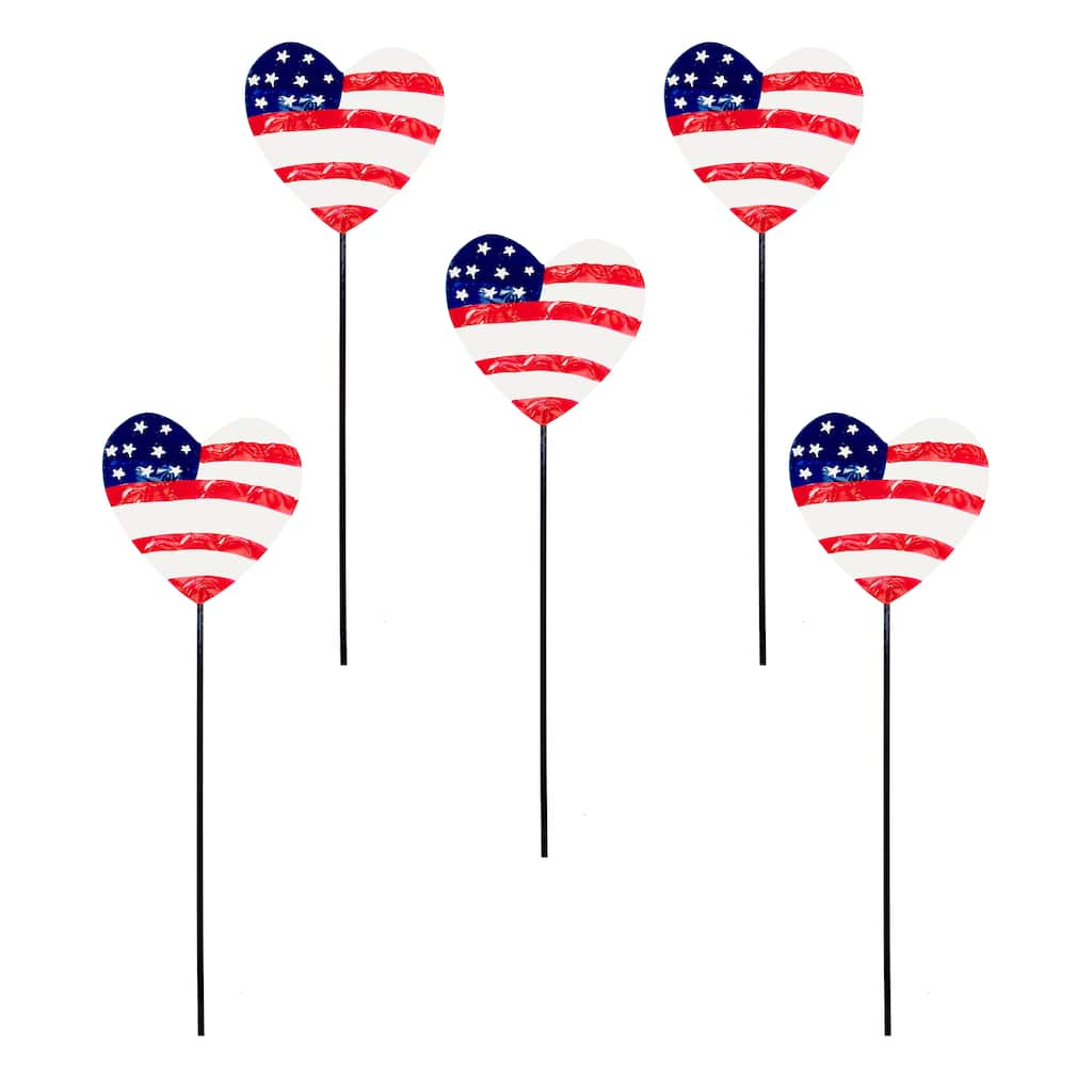 15" Iron Americana Flag Heart Shaped Planter or Garden Floral Stake, Set of 5