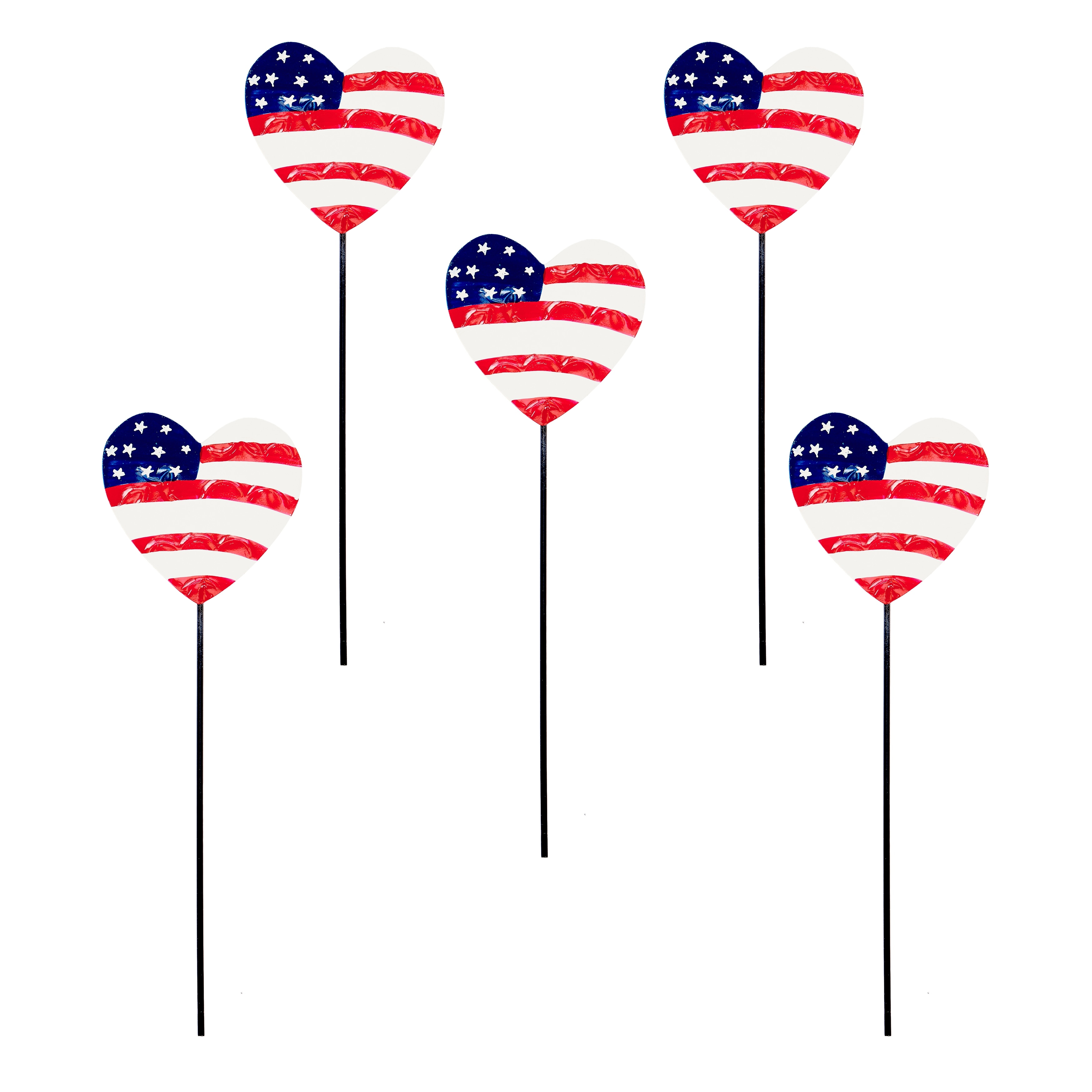 15" Iron Americana Flag Heart Shaped Planter or Garden Floral Stake, Set of 5