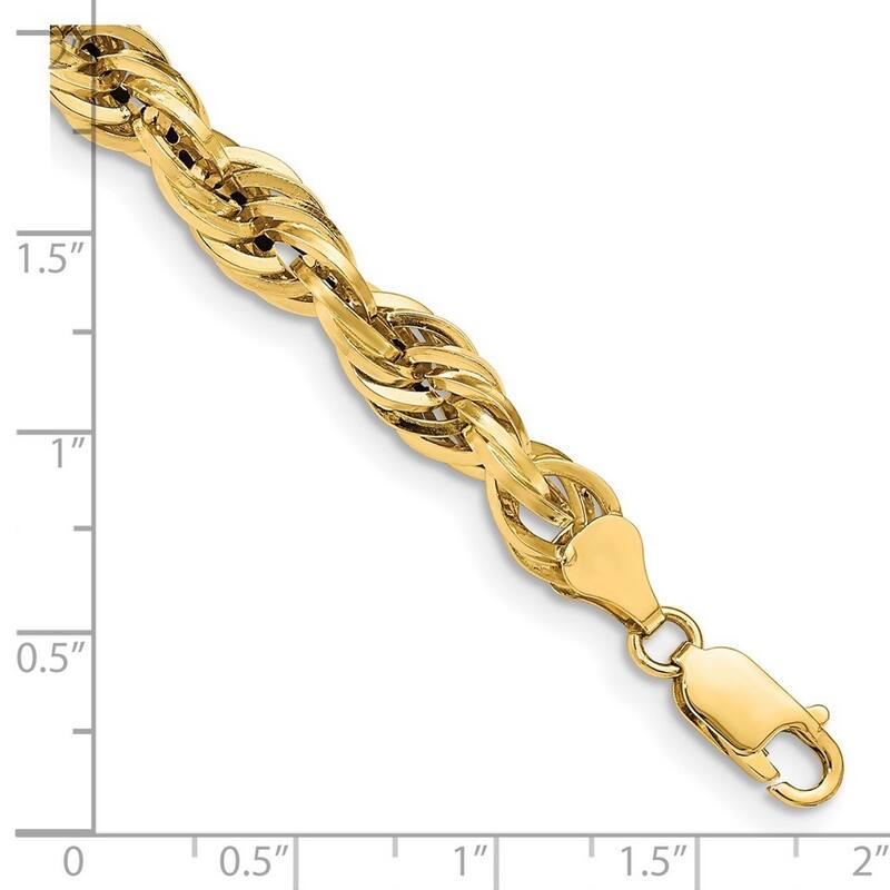 Curata 14k Yellow 7.0mm Semi solid Rope Chain Bracelet 8 Inch