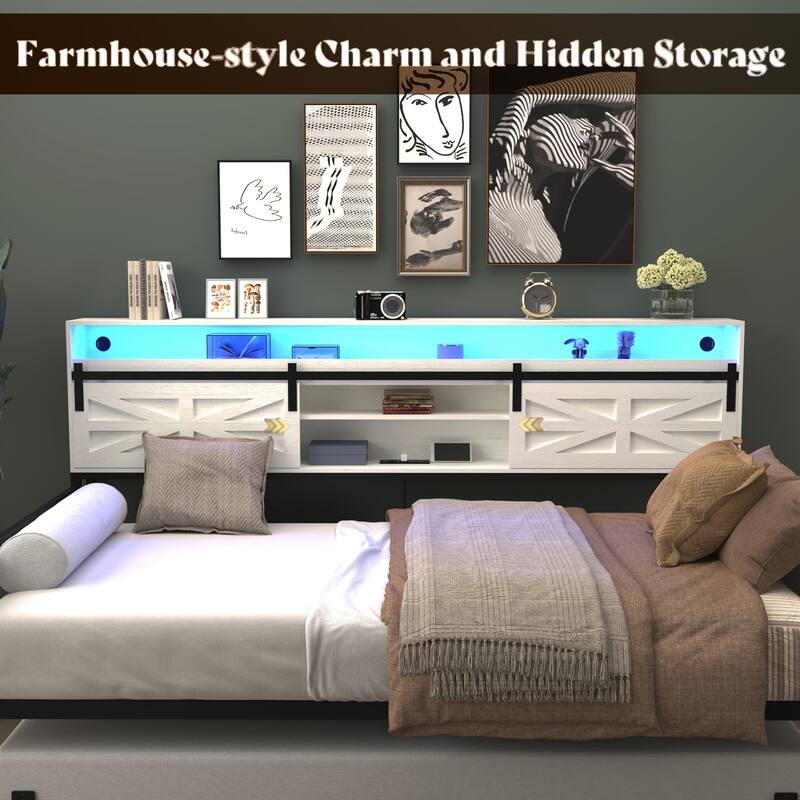 Farmhouse Twin Daybed with Trundle, Heavy Duty Metal Sofa Bed Frame with LED Headboard, Sliding Barn Door and Charging Station