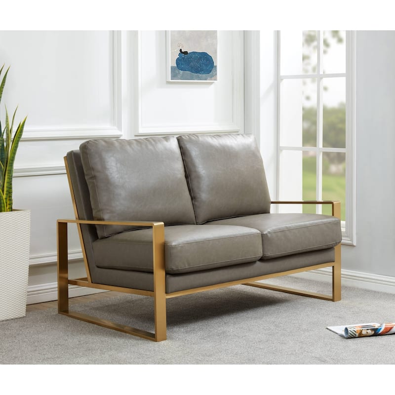 Jefferson Modern Leather Loveseat Gold with Gold Metal Base, Cushion Seating, Pocket Springs, and Protective Floor Pads - 53.1