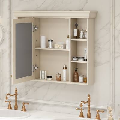 Wall Mounted Bathroom Storage Cabinet with Mirror Door, Beige/ Cream