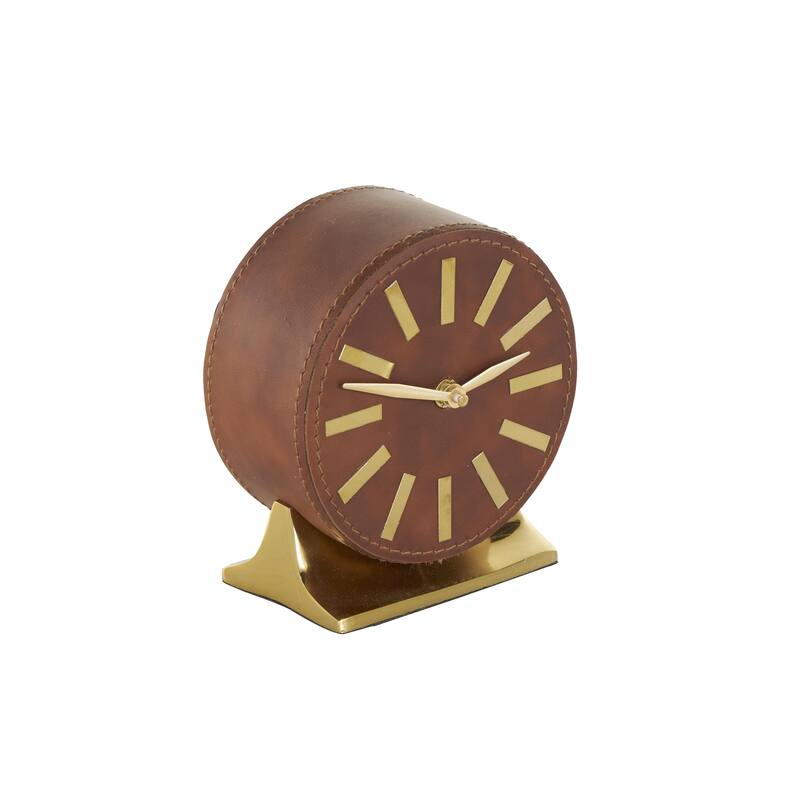 Faux Leather Round Decorative Clock with Gold Rectangular Base - Brown or Black - Roche River Decor
