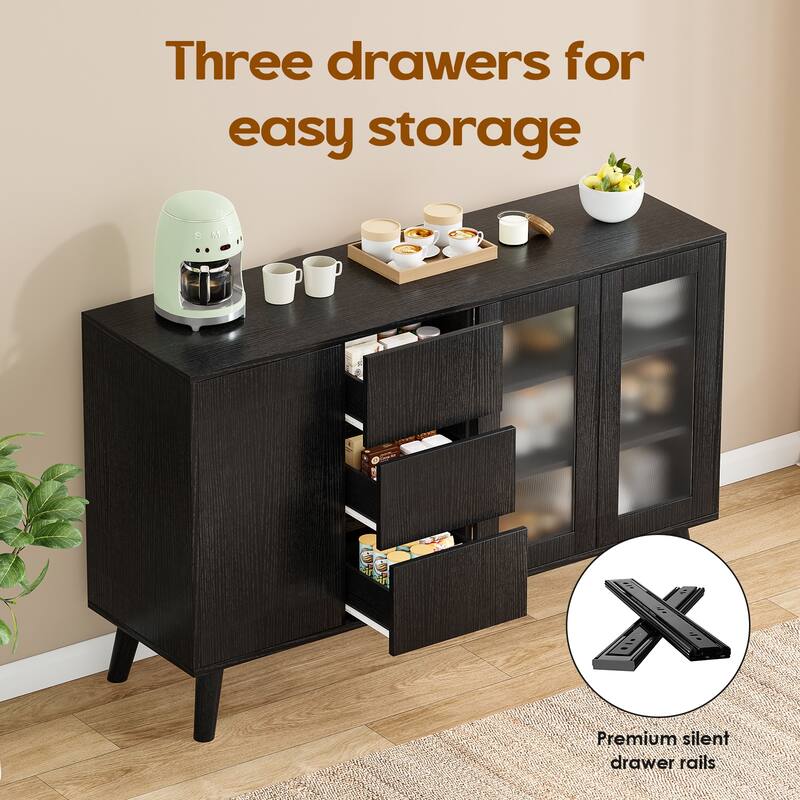 Farmhouse Buffet Cabinet, 55.5" Coffee Bar with 3 Drawers and Pop-Up Doors, Large Rustic Sideboard for Dining Room