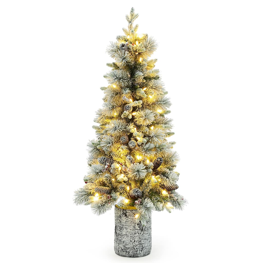 4Ft Pre-Lit Green Flocked Potted Artificial Christmas Tree - 48" H x 22" Diameter