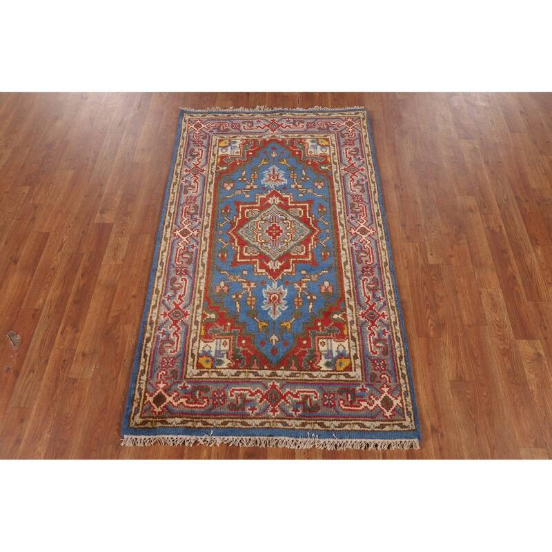 Light Blue Geometric Heriz Serapi Indian Rug Handmade Wool Carpet - 3'0" X 5'0"
