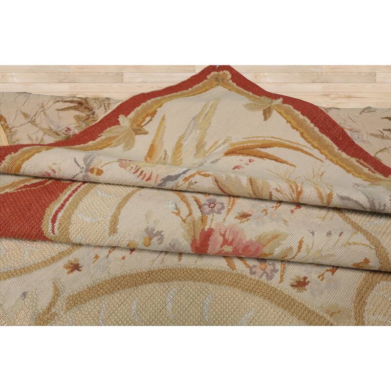 8x10'2'' Hand Woven Wool Ivory Aubusson Needlepoint Rare Floral Rug - 8' x 10' 2''