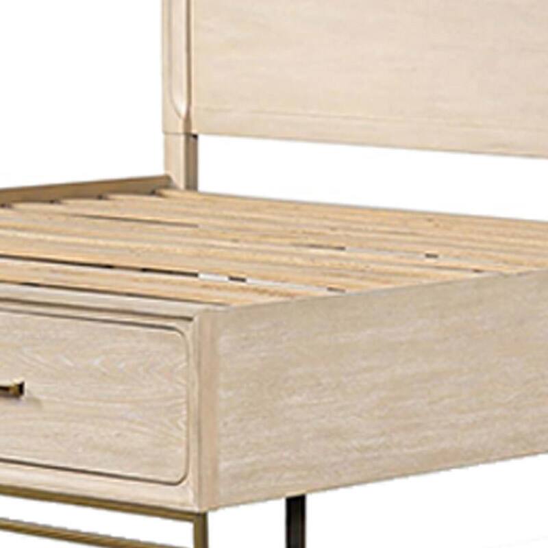 Rozie Queen Bed, Footboard Storage Drawers, Light Oak Brown Solid Wood