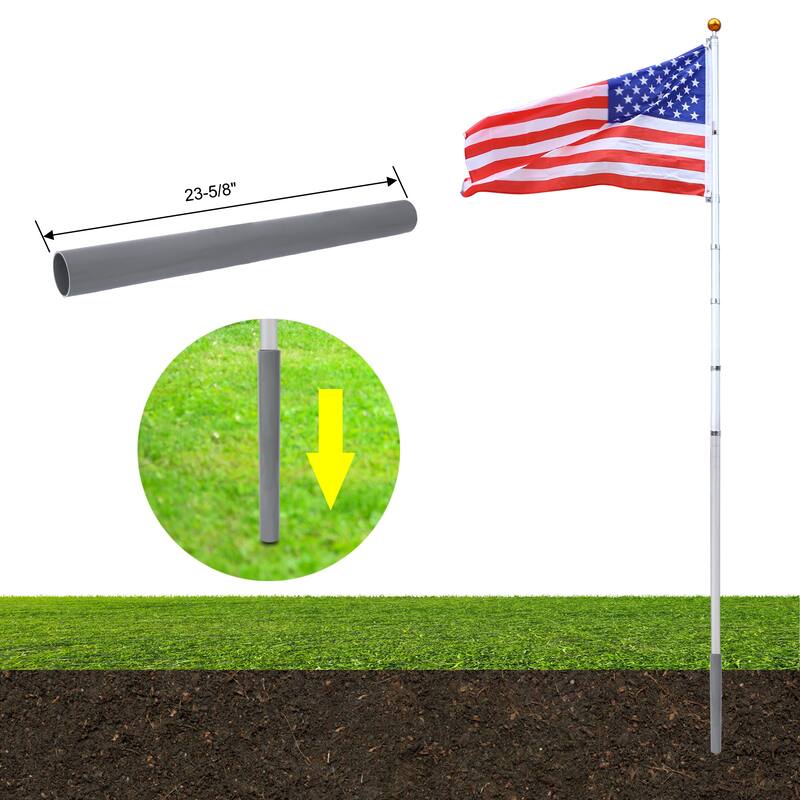 25FT Heavy Duty Aluminum Telescopic Flag Pole Kit, Sectional Flag Pole Kit, Outdoor Inground Flag Poles with Topper Balls