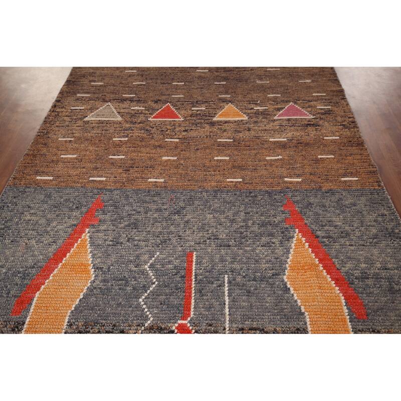 Brown Striped Moroccan Area Rug Hand-Knotted Wool Carpet - 5'10"x 9'3"
