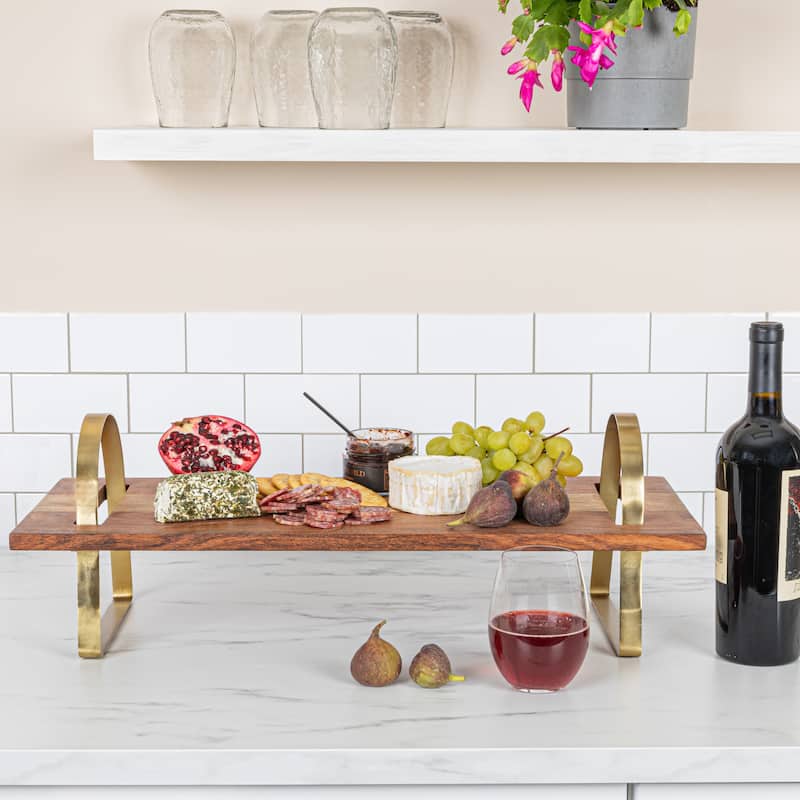 Acacia Wood Serving Board on Stand - Gold - 1 Piece