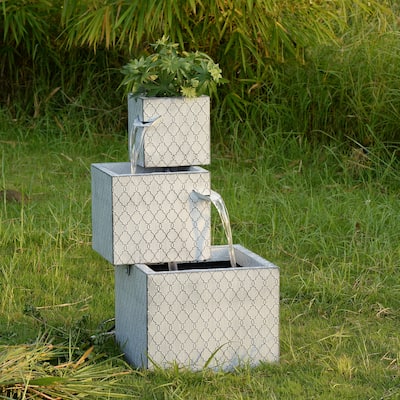 LED Lighted Rectangle 3-Tier Outdoor Garden Water Fountain with Planter - 27.25"