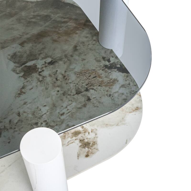 35 in. Square Tempered Glass and Stone Tabletop Modern Coffee Table with Steel legs