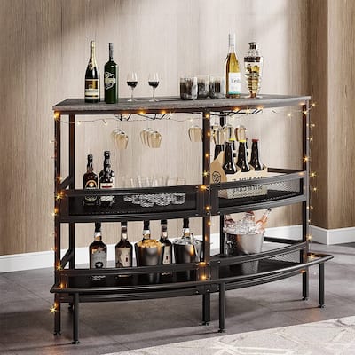 Home Bar Table Unit with Storage Shelves, 3 Tier Bar Counter with Stemware Holder and Metal Footrest for Home Pub