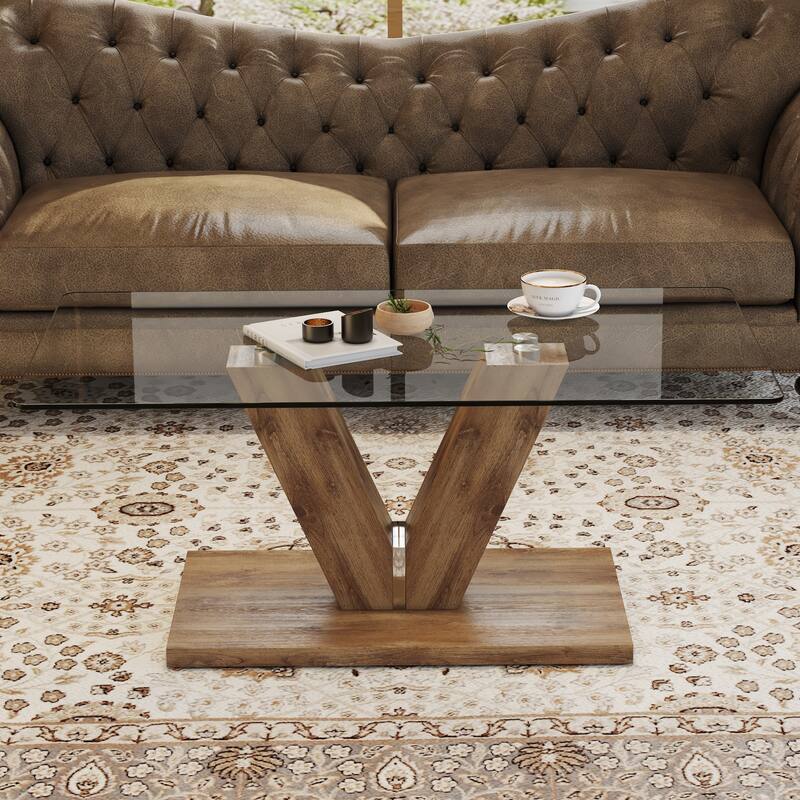 Transparent Tempered Glass Tabletop With Wooden Mdf Columns - Transparent