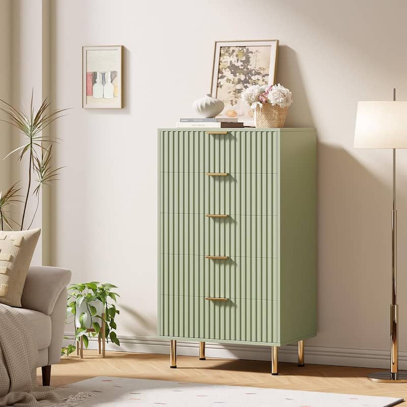 Fluted 5 Drawer Storage Dresser, Tall Chest with Deep Drawers and Wide Top, Wooden Organizer for Living Room - Green