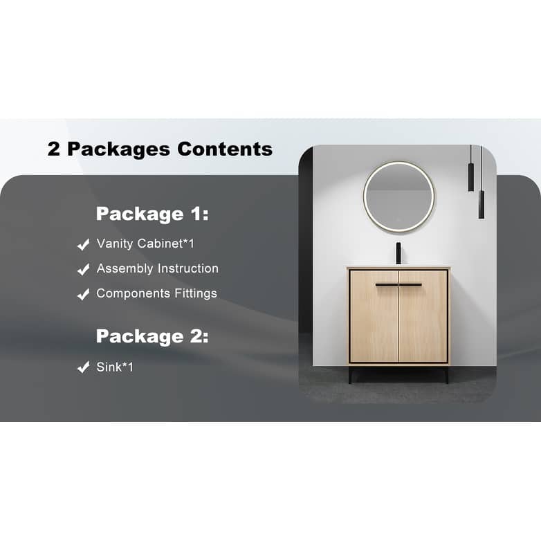 GDFStudio - Denton Modern Freestanding Bathroom Vanity Cabinet with Ceramic Sink, Soft Close Doors & Metal Tripod - 30"