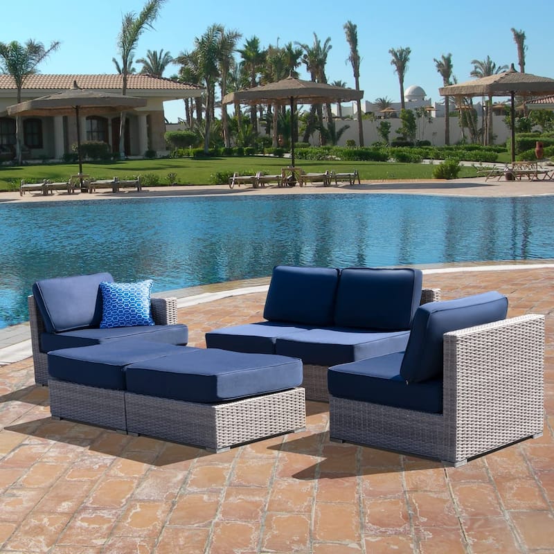 High-Density Polyethylene (HDPE) Wicker 6-Piece Fully Assembled Patio Couch Outdoor Sectional Sofa Set with Navy Blue Cushions