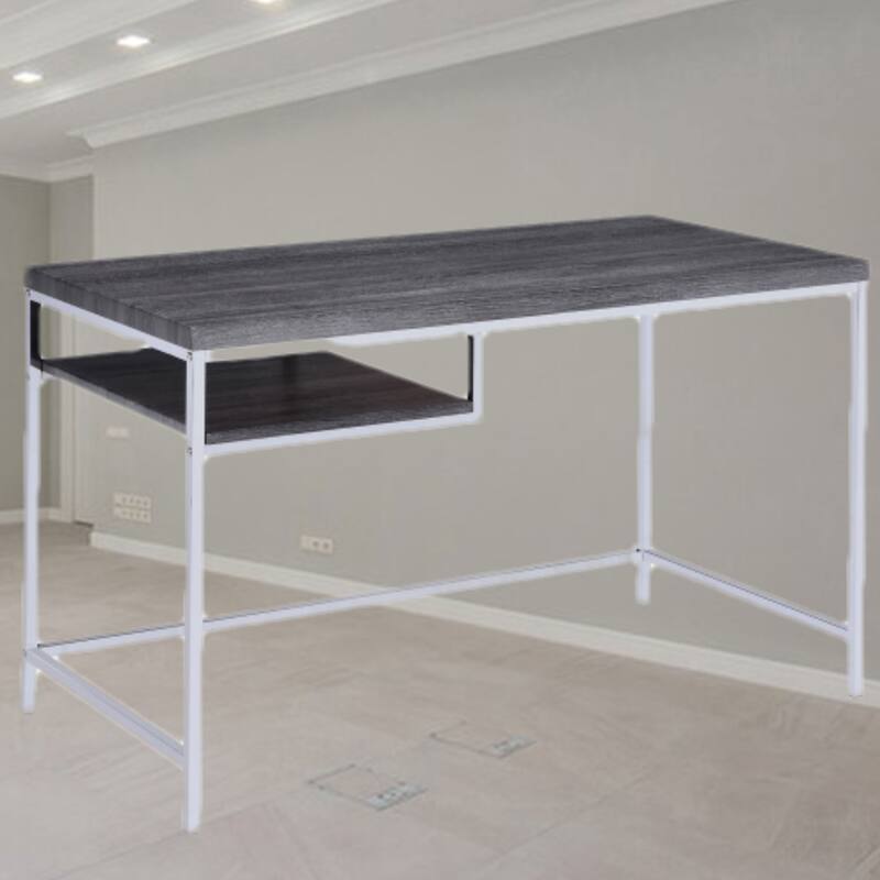 Contemporary Writing Desk with Weathered Gray Finish, Compact Design, and Convenient Open Storage for Small Spaces