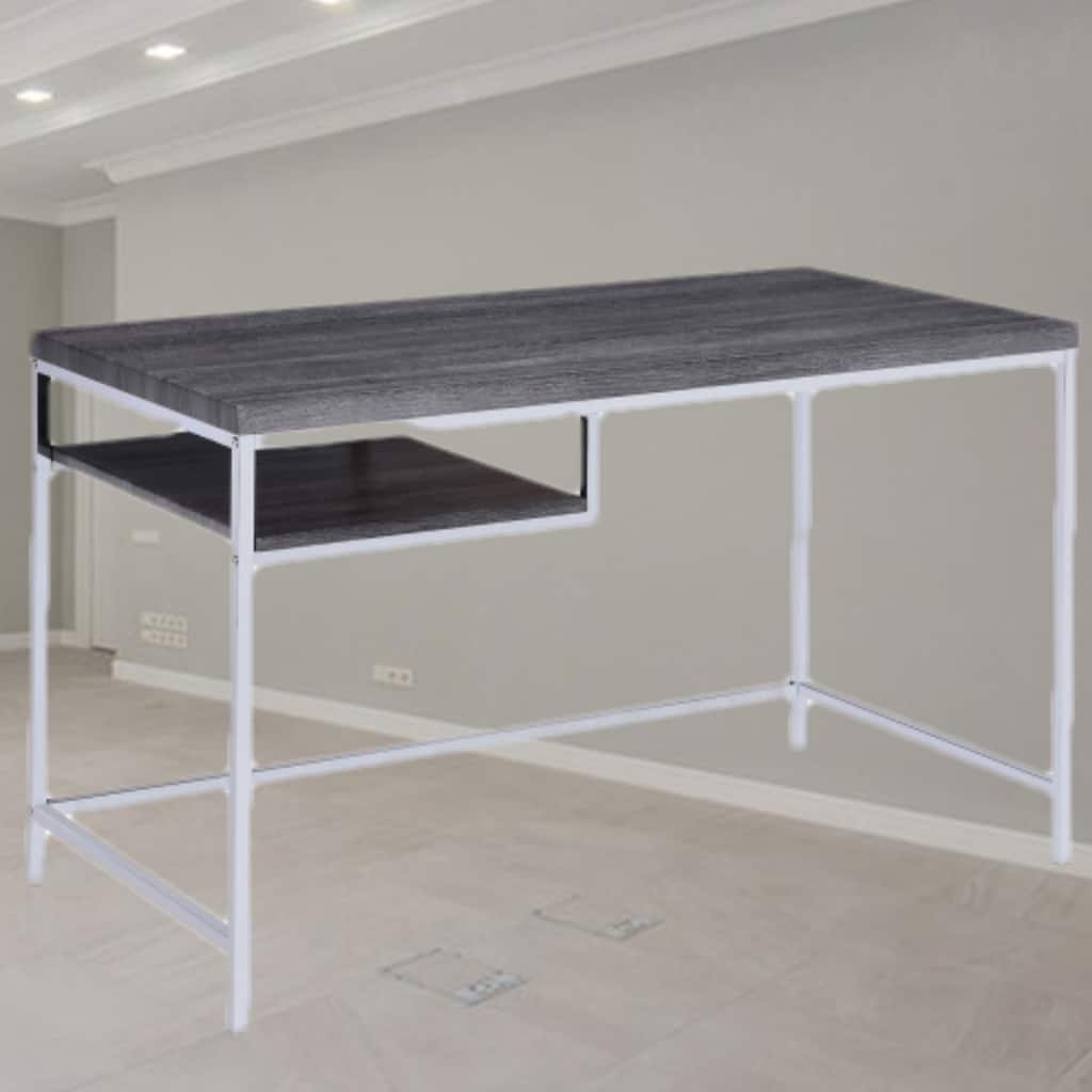 Contemporary Writing Desk with Weathered Gray Finish, Compact Design, and Convenient Open Storage for Small Spaces