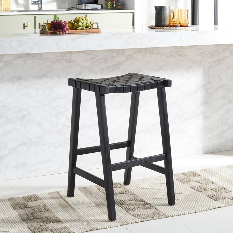 SAFAVIEH Remzija 30-inch Woven Leather Rectangle Bar Stool - 20" W x 19" D x 30" H - Black