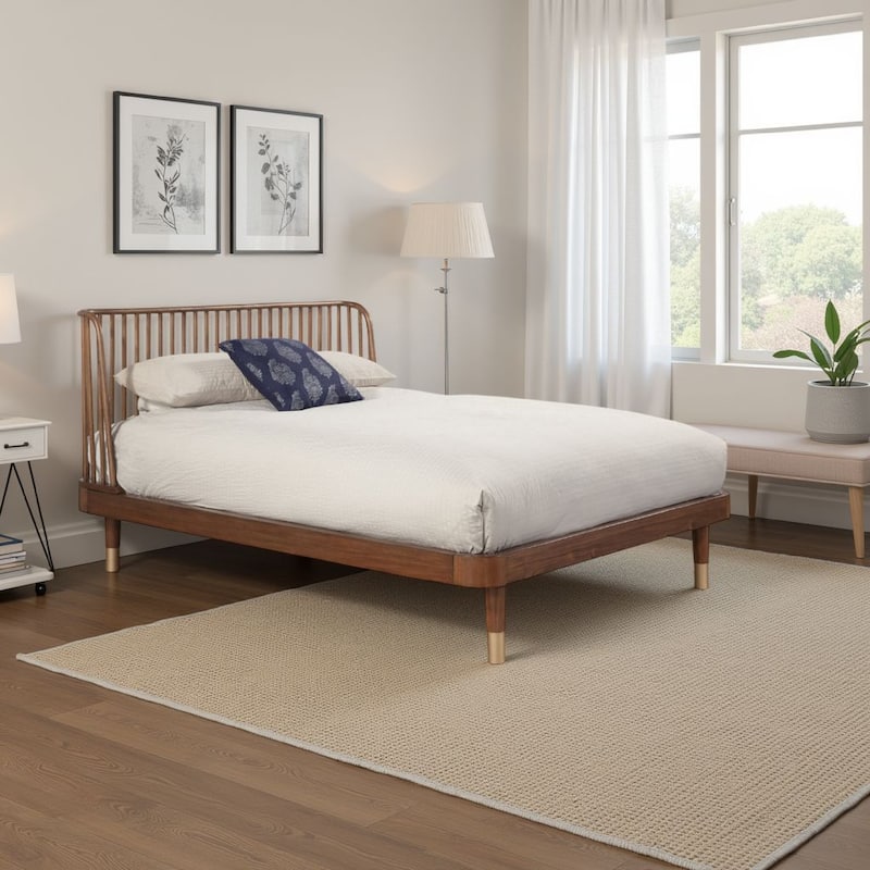 California King Platform Bed with Slat Back Rattan Headboard, Brown