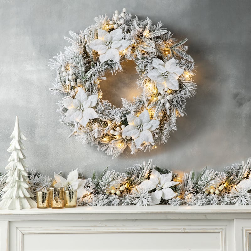 Glitzhome Pre-Lit Snow Flocked Christmas Wreath or Garland With LED and Timer