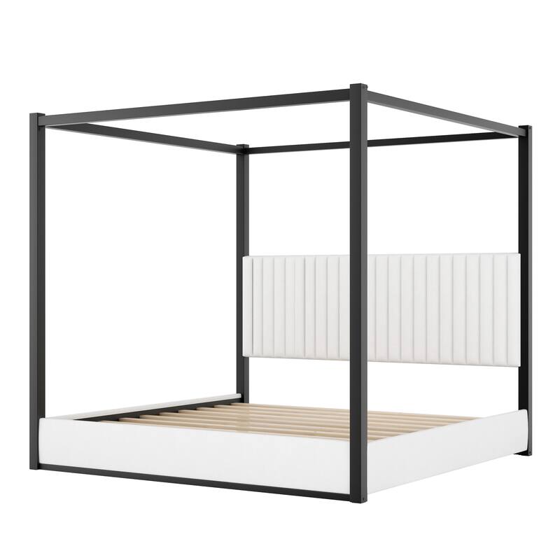 King Size Upholstered Canopy Platform Bed - Headboard with Metal Frame Support