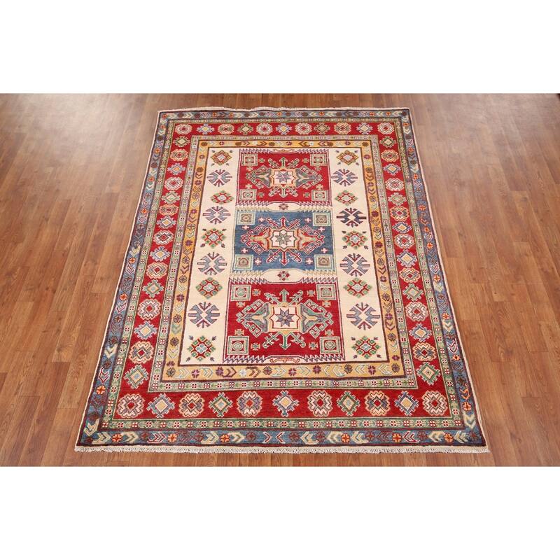 Beige Kazak Oriental Area Rug Handmade Wool Carpet - 5'2" x 6'9"