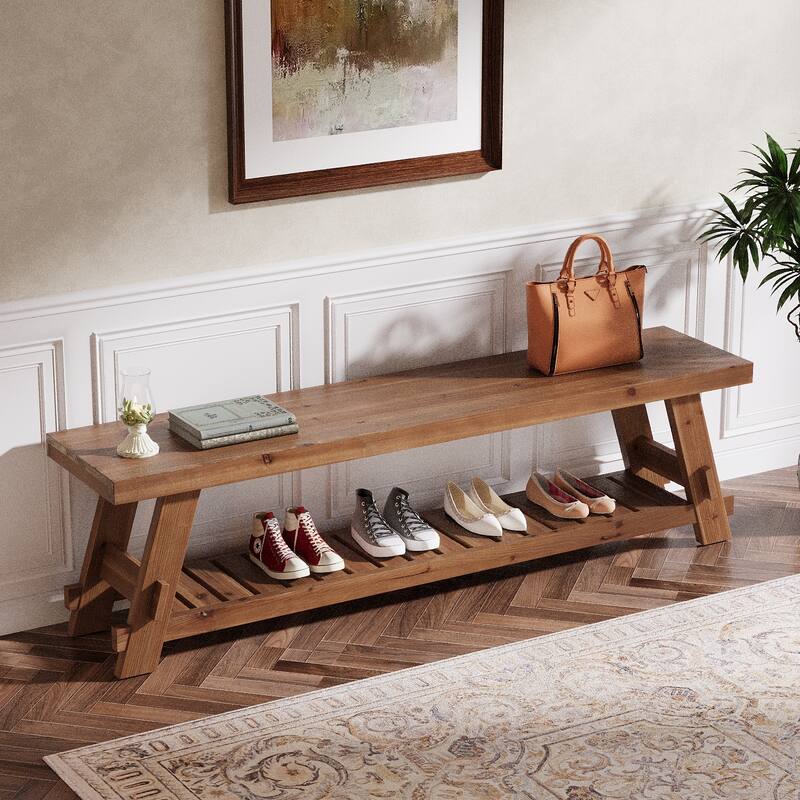 2 Tier Solid Wood Shoe Rack Bench for Entryway - 62.99" L x 13.78" W x 17.72" H