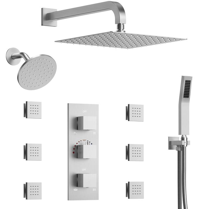 4-Functions Thermostatic Shower System, Wall Mount Shower Faucet Set 12" & 6" Dual Shower Head with 6 Body Jets - Brushed Nickel