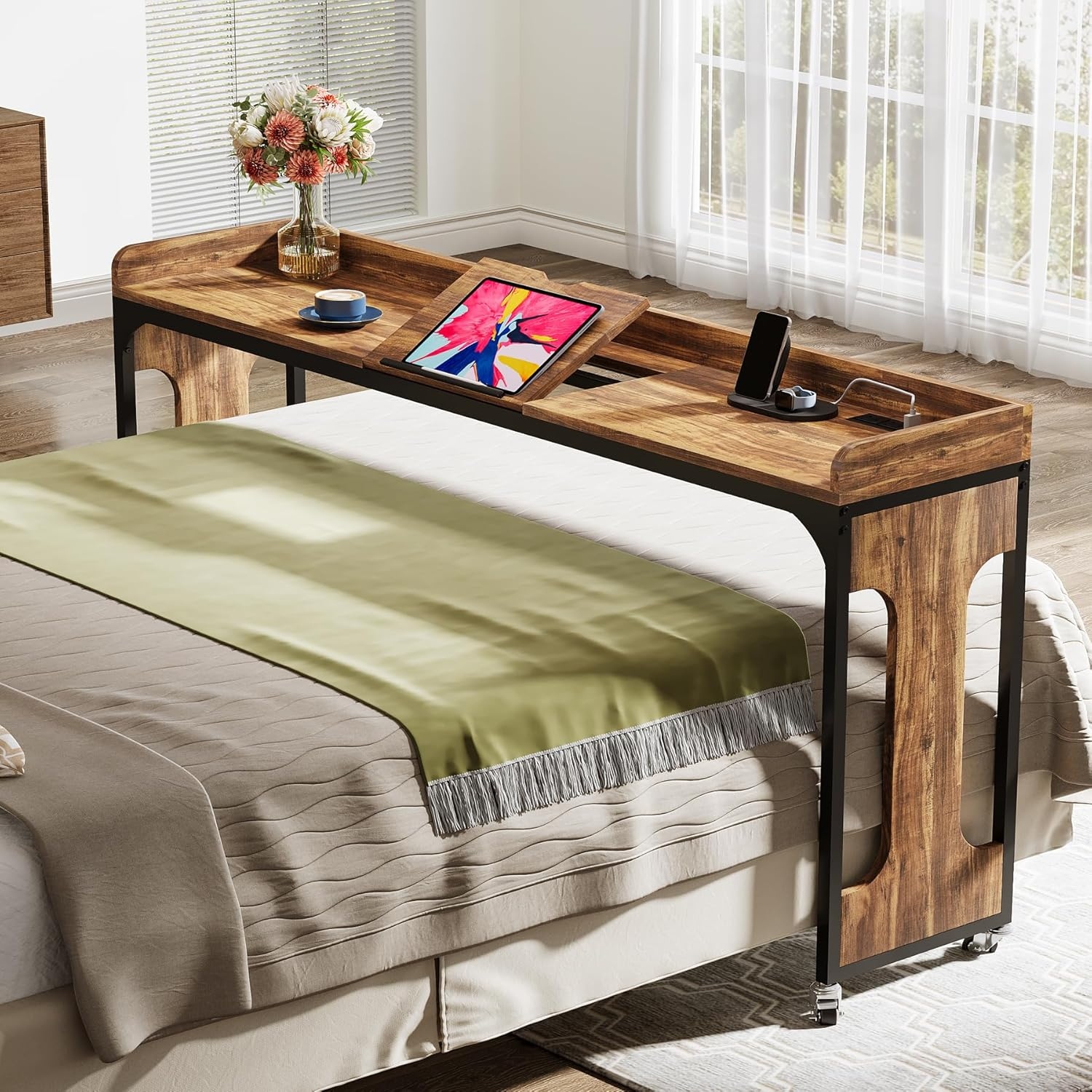 Overbed Table Long Desk for Home Office 71 Queen Size Bed Table with Wheels Adjustable Tilt Board