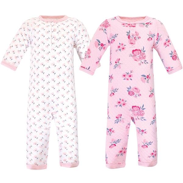 slide 1 of 1, Hudson Baby Infant Girl Premium Quilted Coveralls 2pk, Pink Navy Floral 0 - 3 Months - Pink