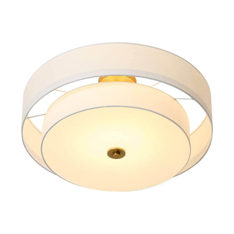 French Country Brass Round White Linen Drum Ceiling Light