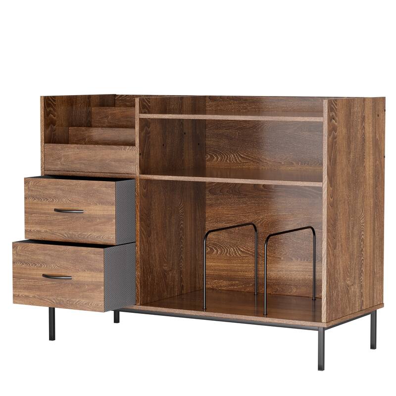 Record Player Stand with Power Outlet & Flip-Down Lid,Turntable Table with Storage,Media Console with 2 Drawers