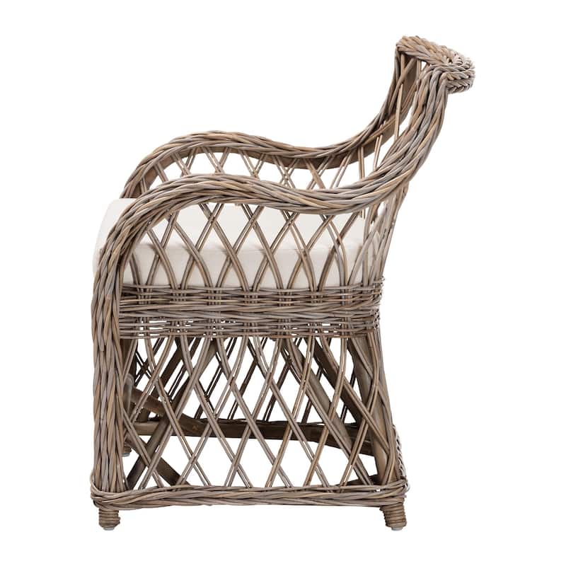 Debra Natural Rattan Armchair - Handwoven Open-Weave Wicker Armchair with Curved Silhouette & Removable Cushion