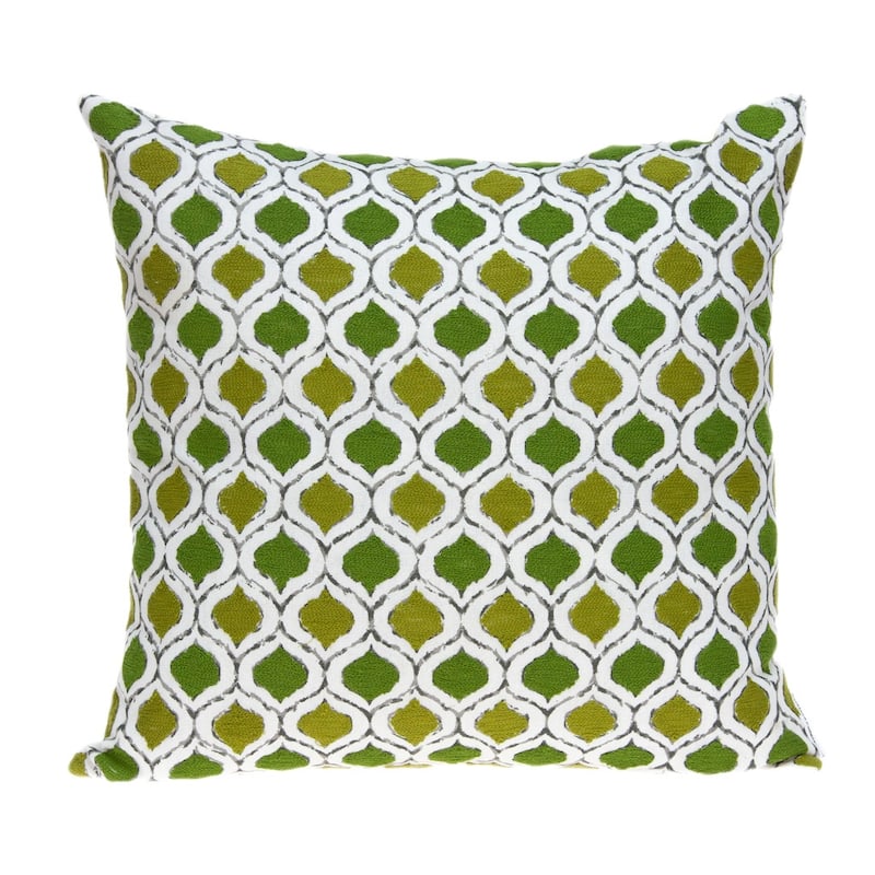 HomeRoots 20" Green and White Ogee Cotton Throw Pillow With Embroidery