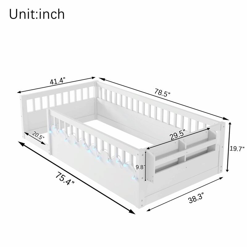 Floor Bed Frame with High Rails, Wooden Kids Floor Bed with Light and Storage Shelf