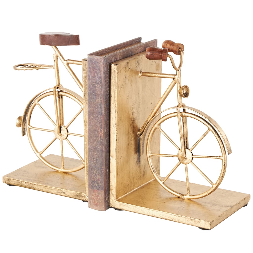 Metal Bike Vintage Inspired Decorative Bookends with Brown Wood Accents - Set of 2 Gold or Black - Roche River Decor