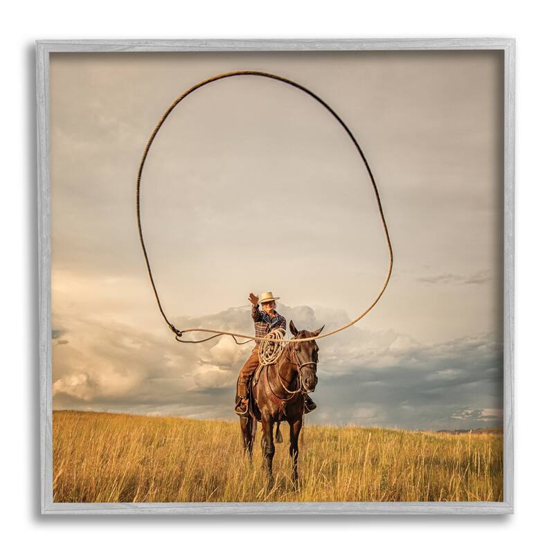 Stupell Cowboy Throwing Lasso Framed Giclee Art Design by PBurchettePhoto - 24 x 24 - Grey