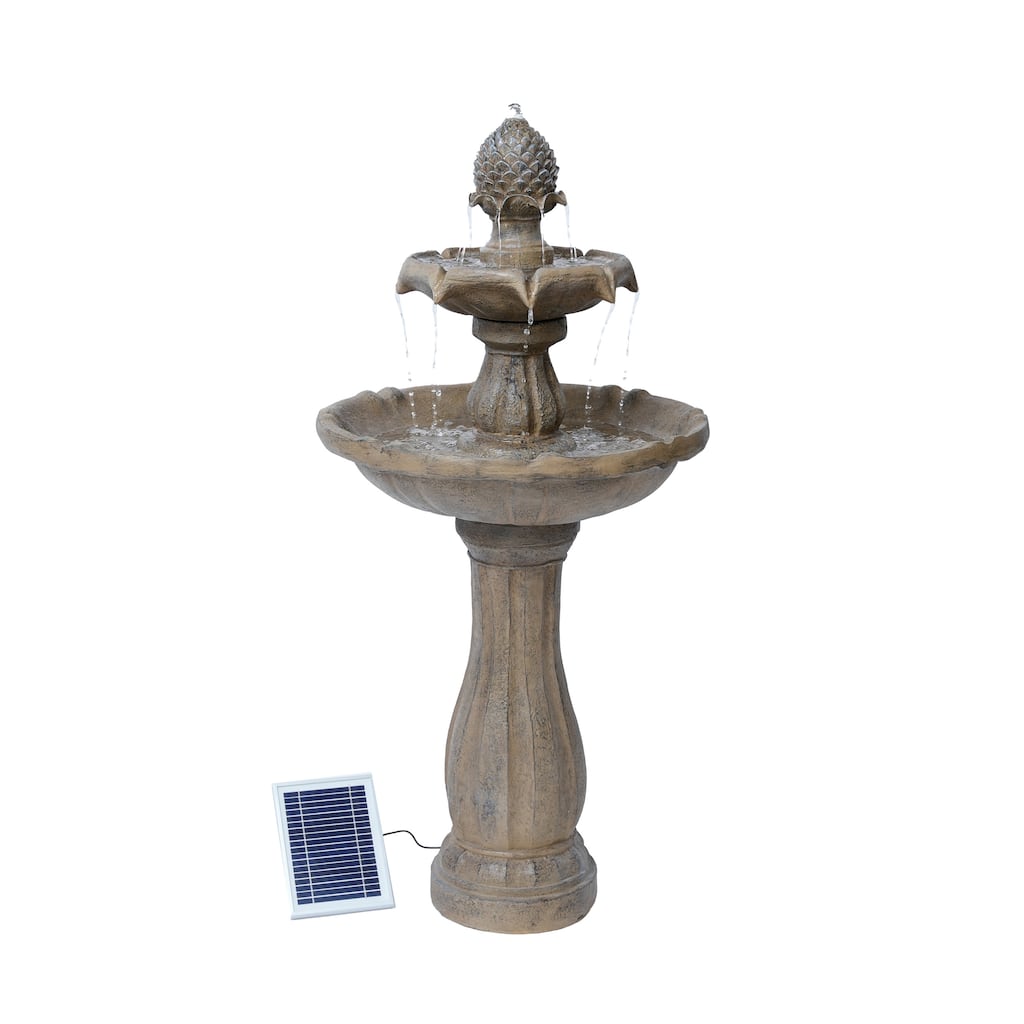 44" H Fiberglass/Resin 2-Tier Solar Water Fountain w/ Solar Panel and Auto-Shut Off Pump, Two Tiered Birdbath Fountain